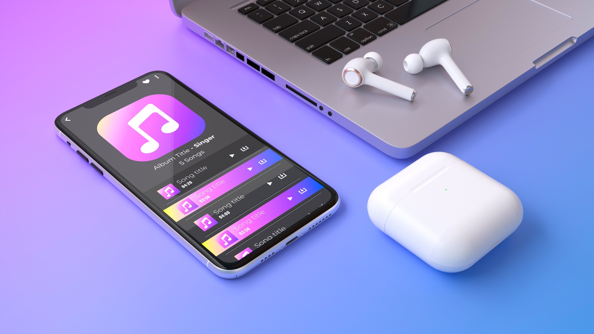 Passion for Music: Smartphone with Music App Displayed Next to a Laptop and Wireless Earbuds. 3D Rendering.